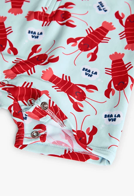 Body en polyamide pour bébé de couleur bleu clair avec motif de homards.