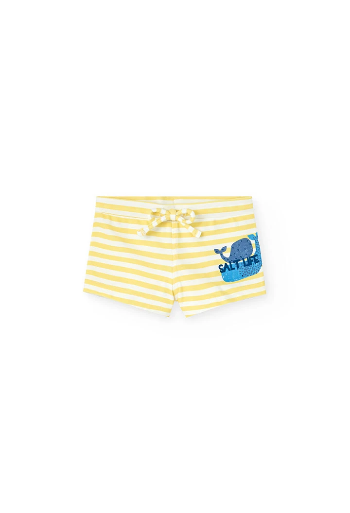 Knitted swim trunks for baby boy in white and yellow stripes