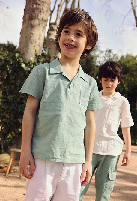 Green linen polo for boy