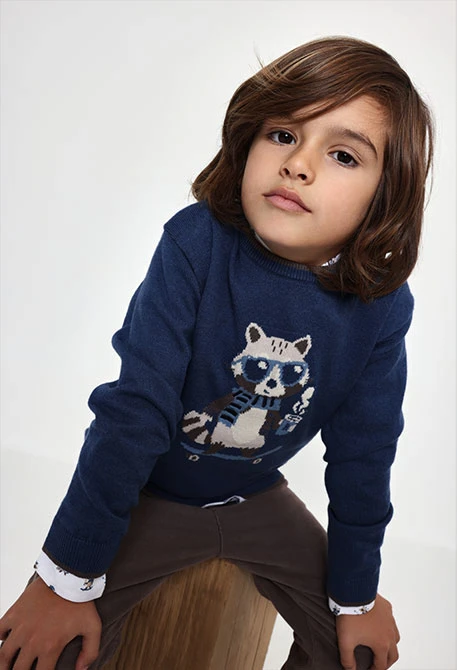 Maglione bambino blu stampato procione skater