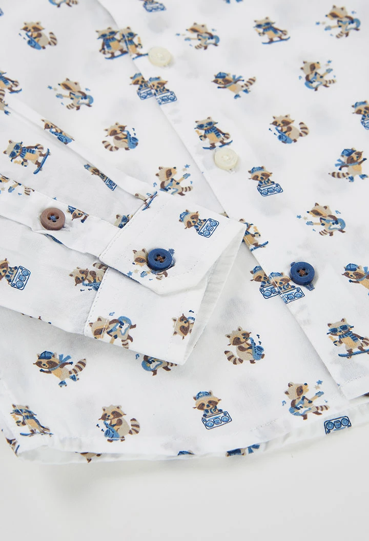 White poplin boy\'s shirt with raccoon print