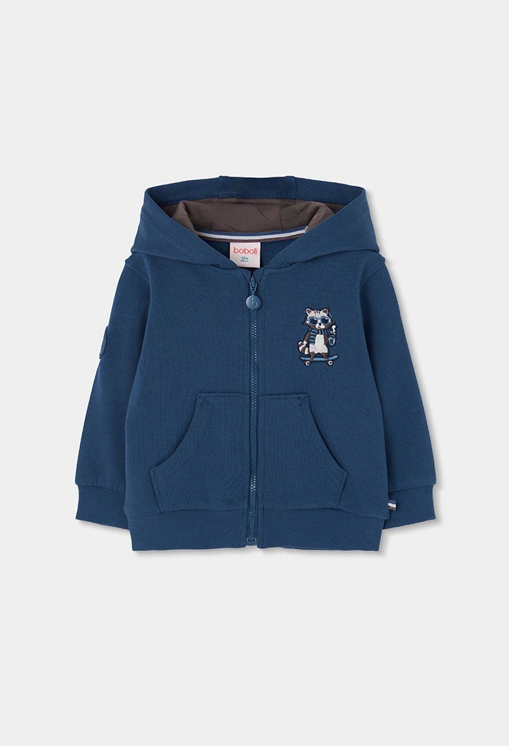 Jungen-Plüschjacke blau mit Waschbär-Stickerei