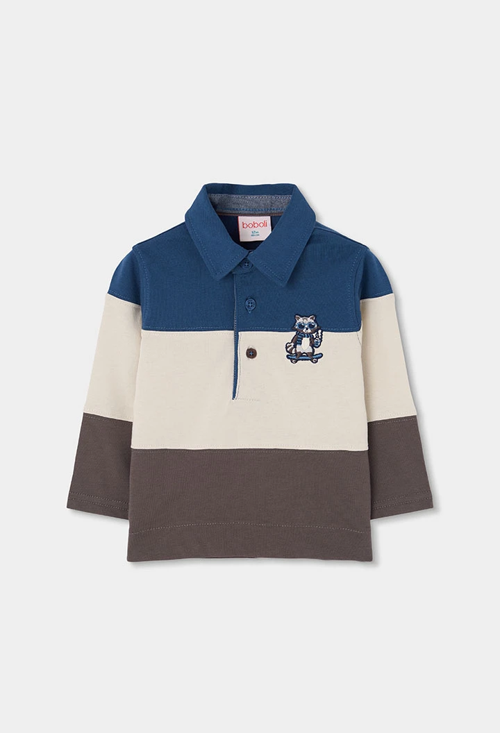 Gestricktes Polo-Shirt Junge blau dreifarbig bestickter Waschbär