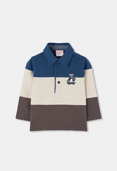 Gestricktes Polo-Shirt Junge blau dreifarbig bestickter Waschbär