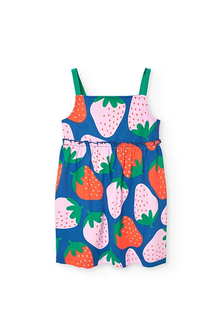Abito in maglia per bambina con stampa di fragole in blu.