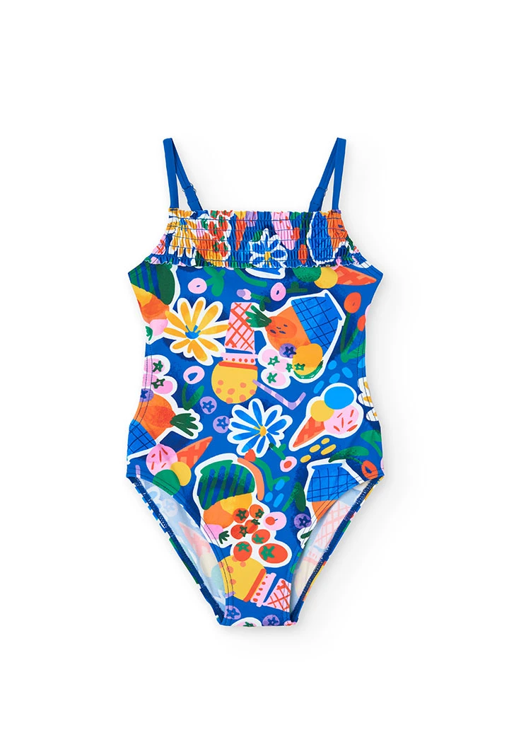 Costume da bagno in poliammide per bambina con stampa di frutta e fiori in colore blu.