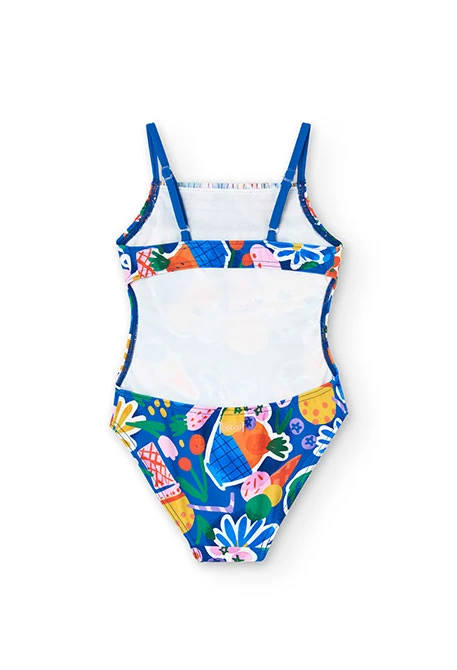Fato de banho de poliamida para menina com estampado de frutas e flores em azul