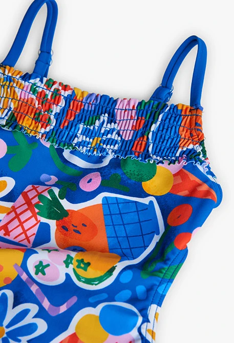 Fato de banho de poliamida para menina com estampado de frutas e flores em azul