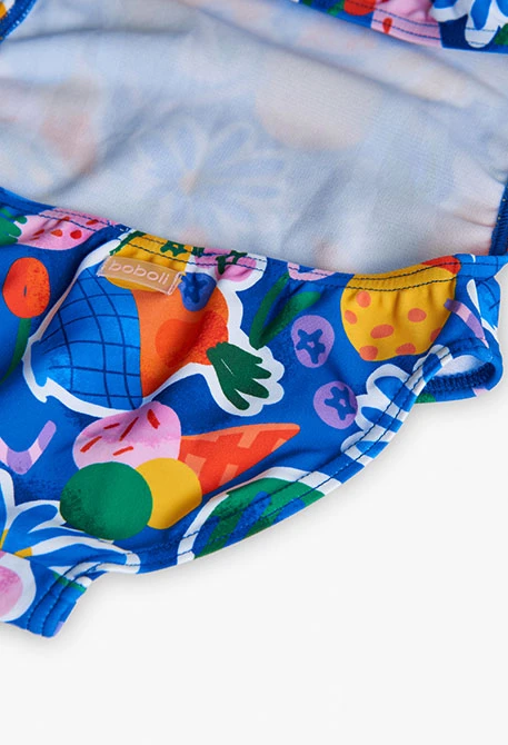 Fato de banho de poliamida para menina com estampado de frutas e flores em azul
