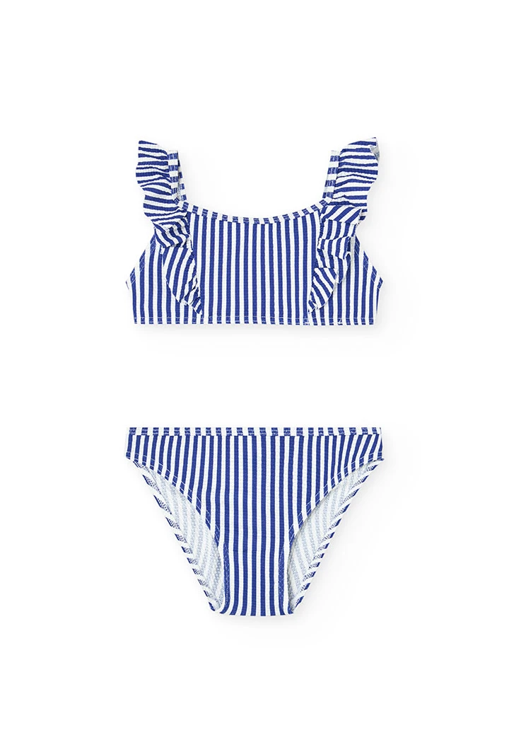 Bikini in poliammide per bambina a righe bianche e blu