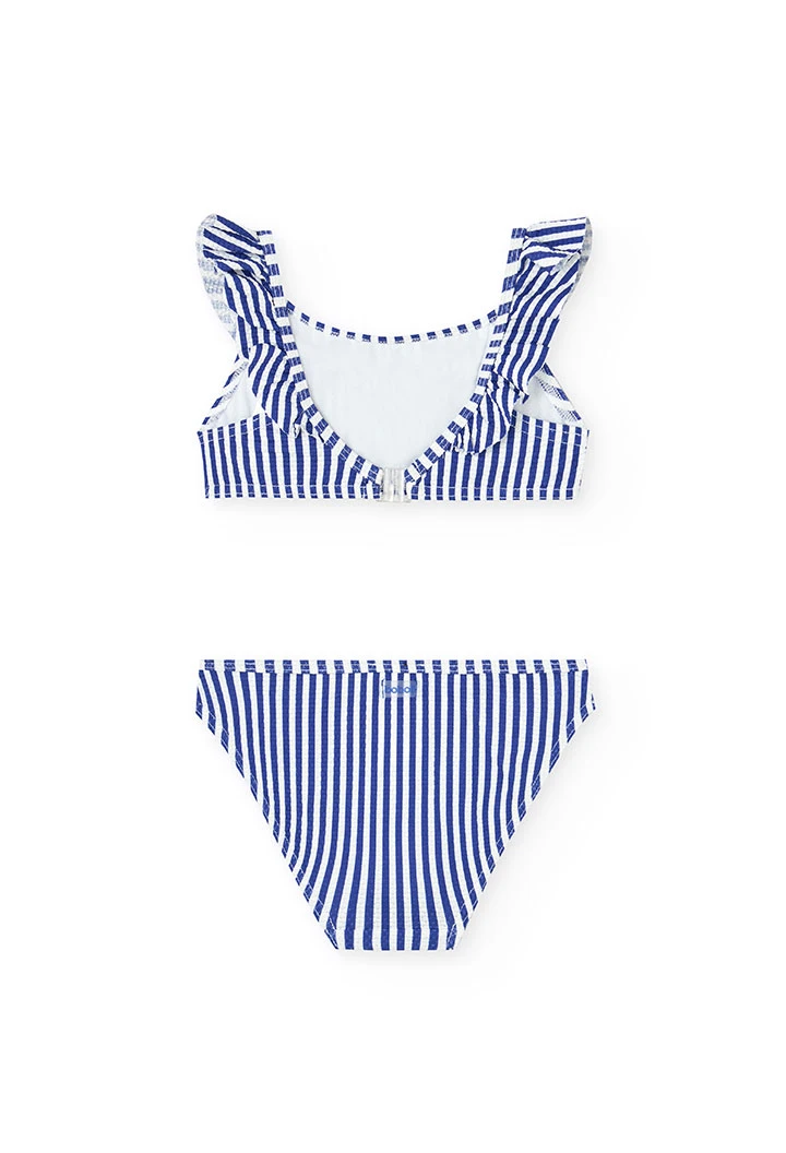 Bikini in poliammide per bambina a righe bianche e blu