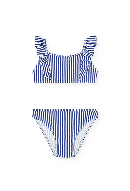 Biquíni de poliamida para menina com riscas brancas e azuis.