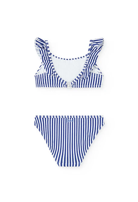 Bikini aus Polyamid für Mädchen mit weißen und blauen Streifen.