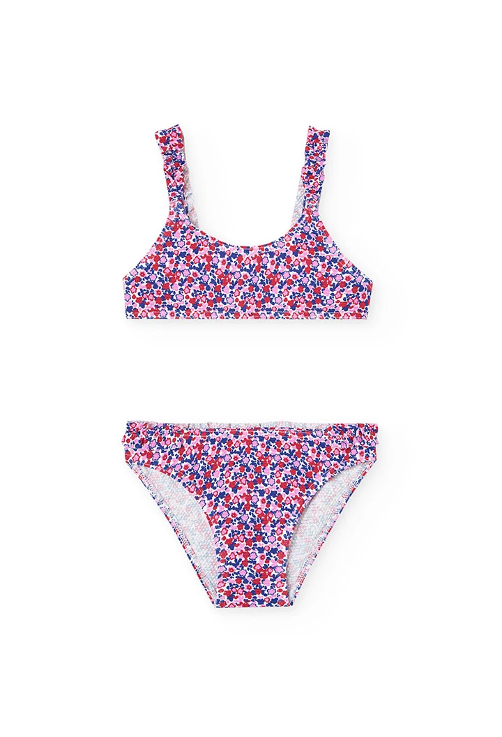 Polyamide bikini for girls with a floral print in red and blue.