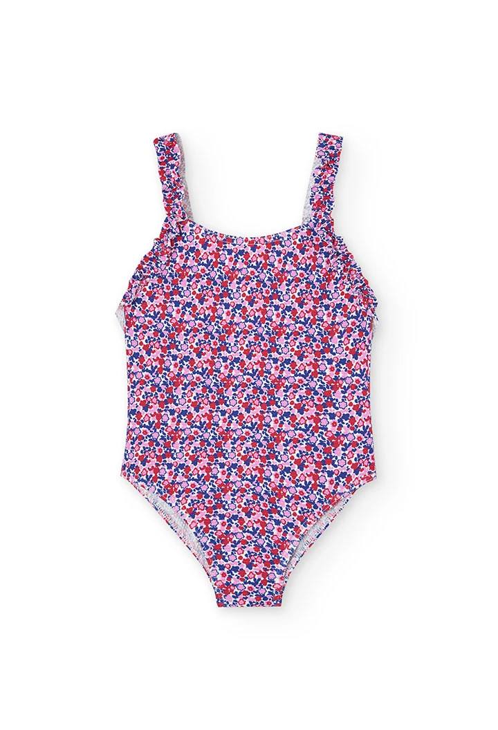 Maillot de bain en polyamide pour fille avec imprimé floral en rose et bleu.