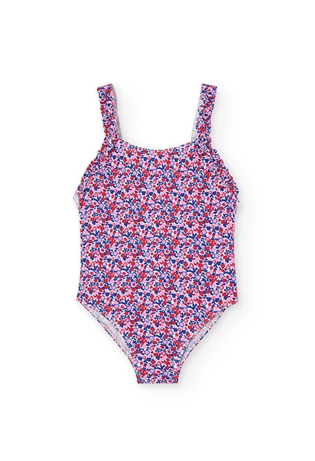 Fato de banho de poliamida para menina com estampado de flores em cor-de-rosa e azul