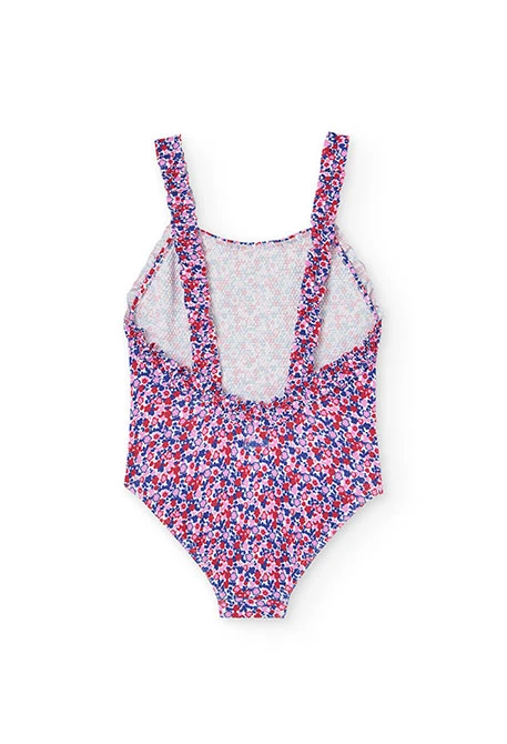 Fato de banho de poliamida para menina com estampado de flores em cor-de-rosa e azul