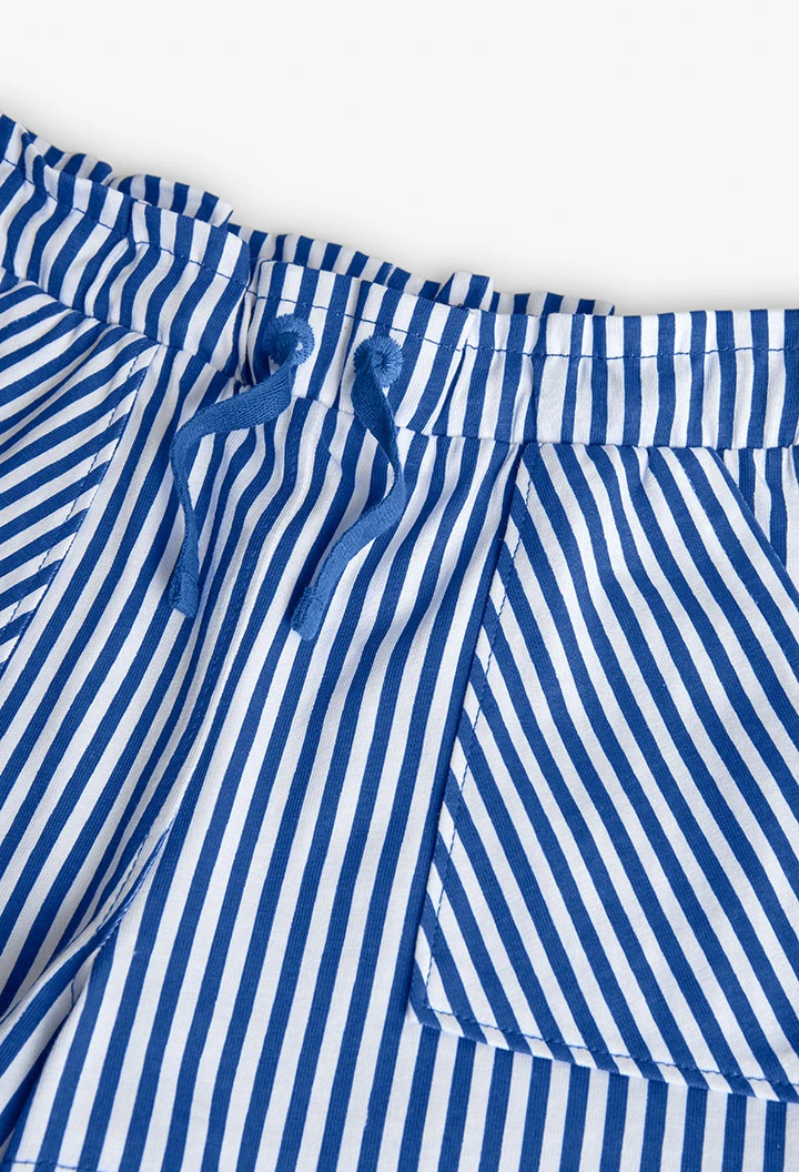 Knitted shorts for girls with a blue and white striped pattern