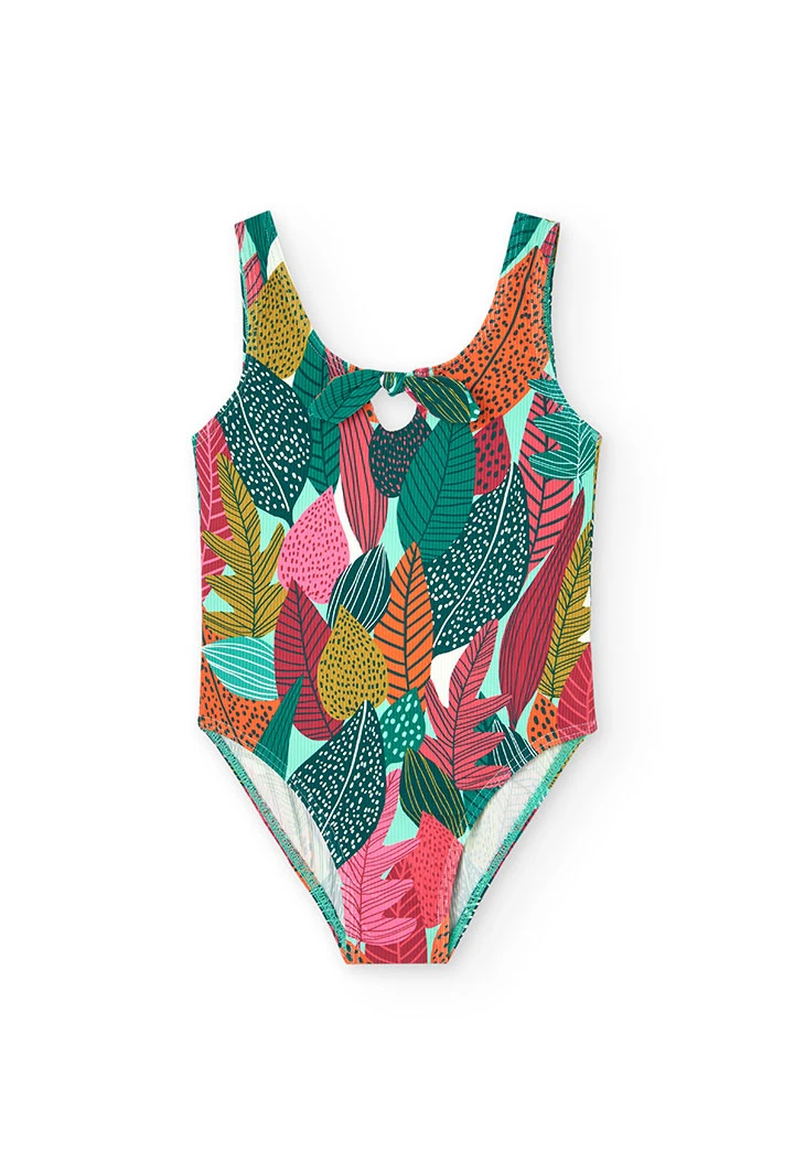 Fato de banho de poliamida para menina com estampado de folhas