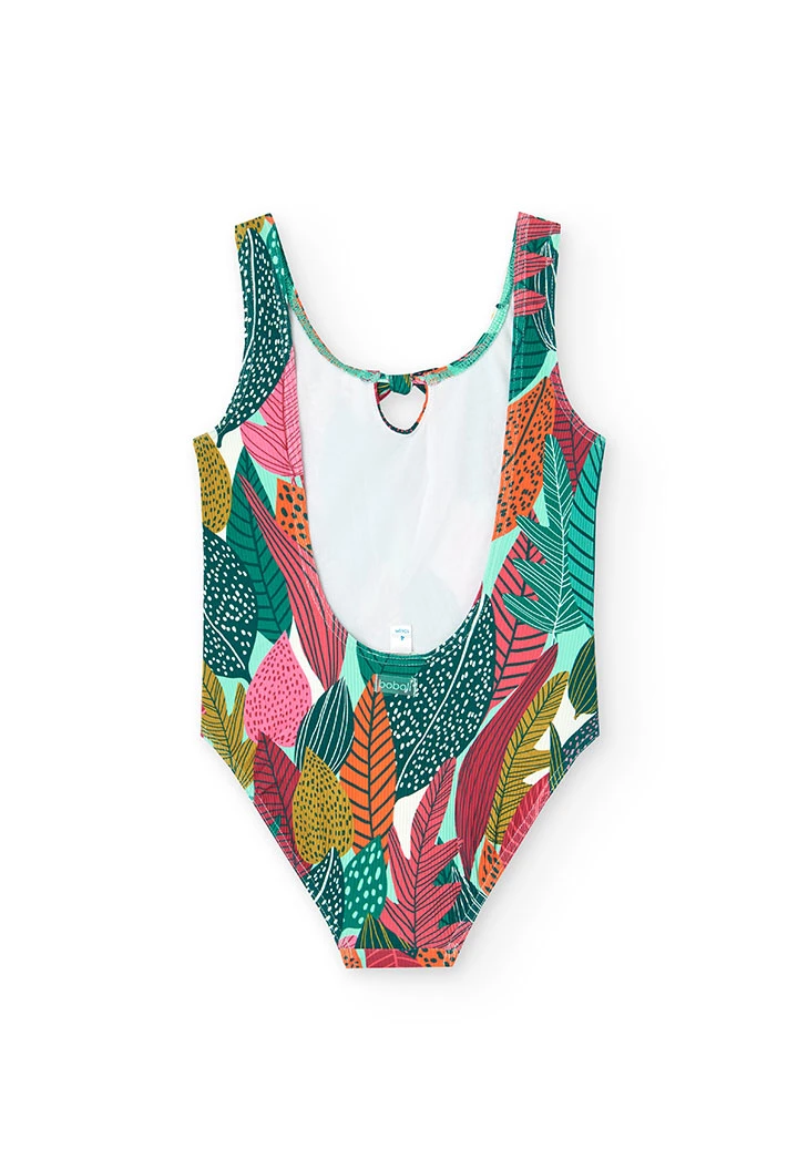 Fato de banho de poliamida para menina com estampado de folhas