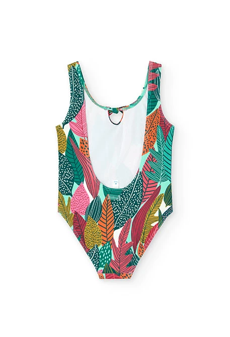 Fato de banho de poliamida para menina com estampado de folhas