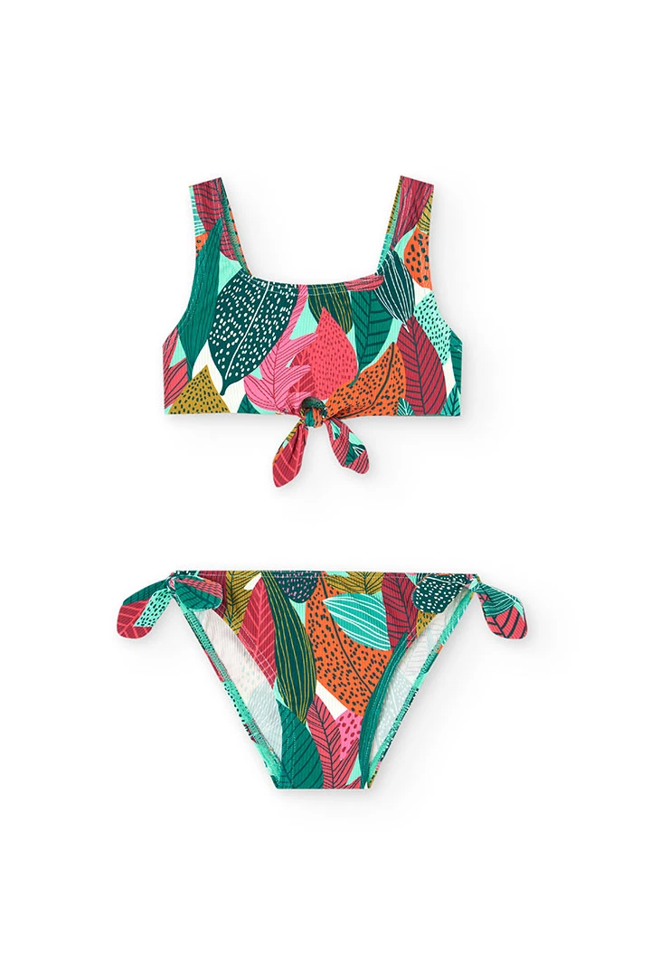 Bikini in poliammide per bambina con stampa di foglie
