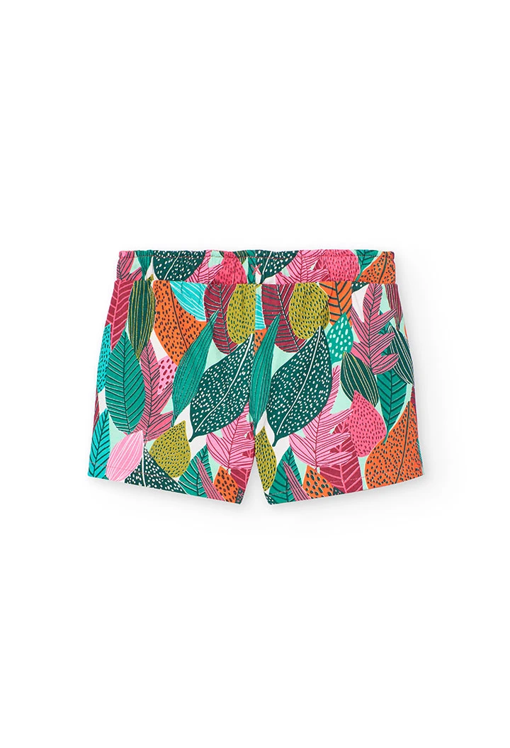 Bermudas de malha para menina com estampado de folhas em verde e rosa