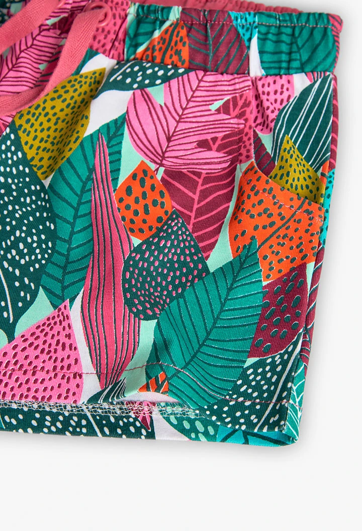 Bermuda a maglia per bambina con stampa di foglie in colore verde e rosa