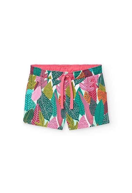 Bermudas de malha para menina com estampado de folhas em verde e rosa