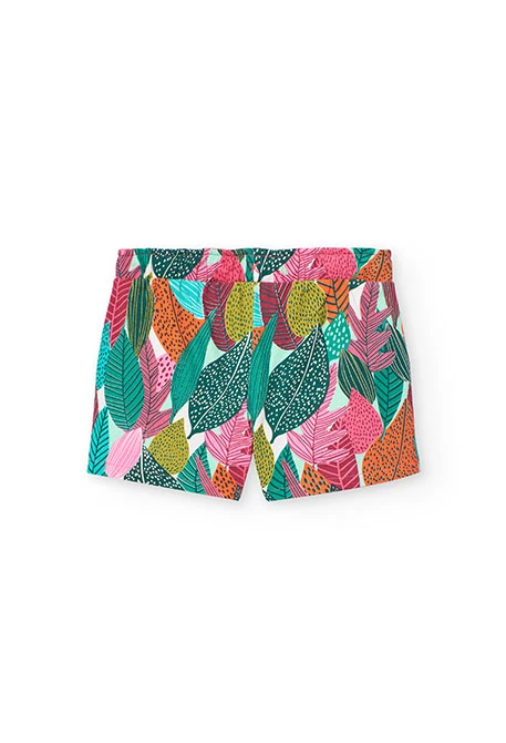 Bermudas de malha para menina com estampado de folhas em verde e rosa