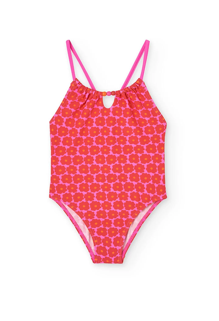 Fato de banho de poliamida para menina com estampado flores em rosa