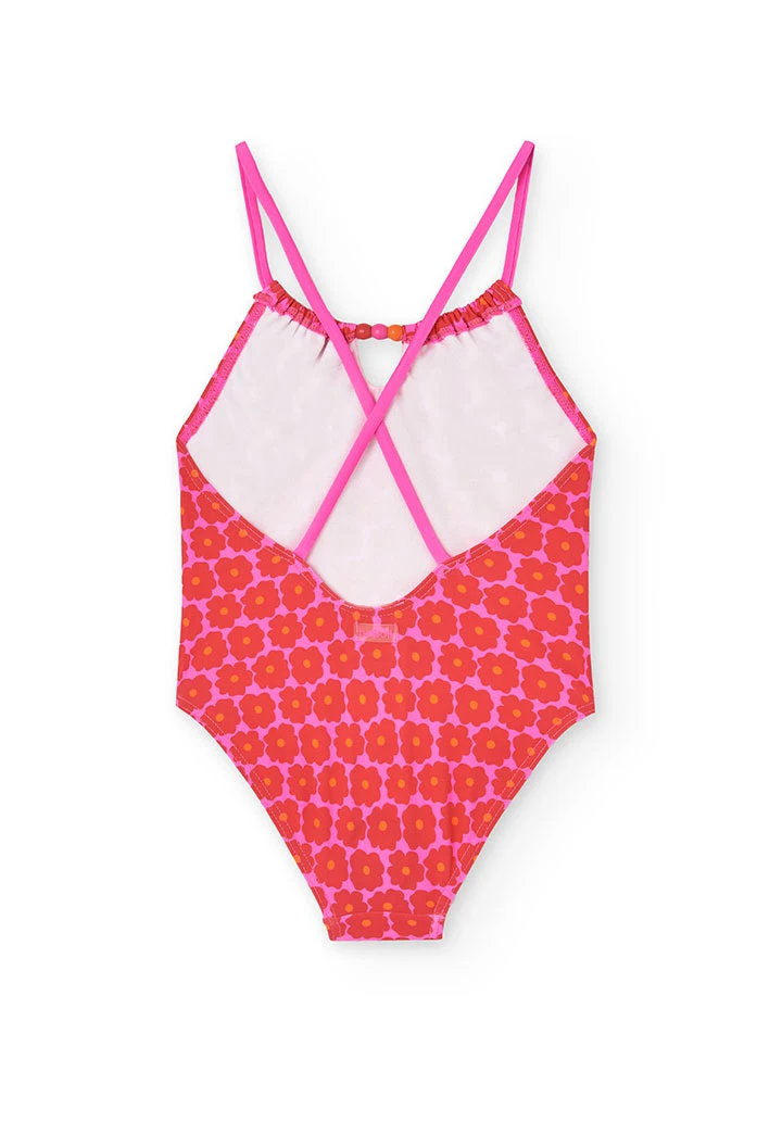 Fato de banho de poliamida para menina com estampado flores em rosa