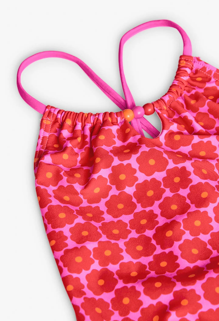 Fato de banho de poliamida para menina com estampado flores em rosa