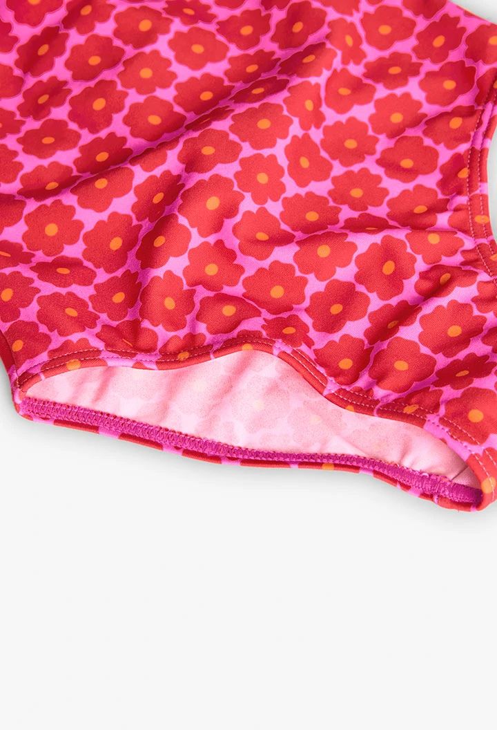 Fato de banho de poliamida para menina com estampado flores em rosa