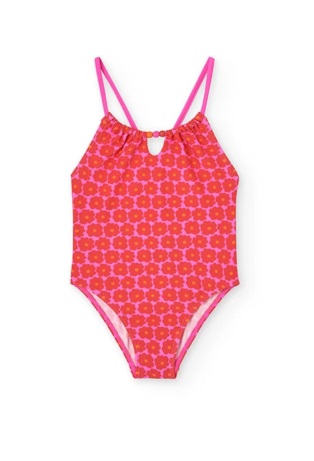Fato de banho de poliamida para menina com estampado flores em rosa