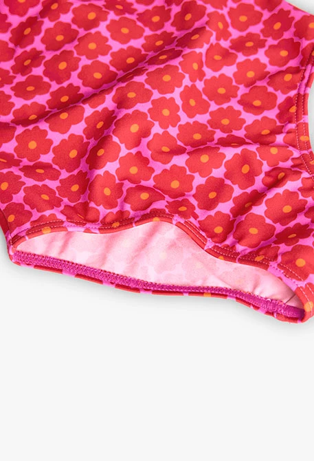 Fato de banho de poliamida para menina com estampado flores em rosa