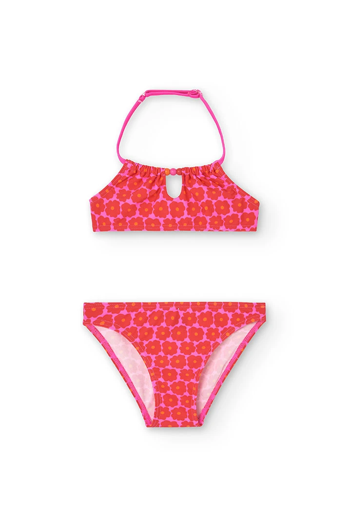 Bikini in poliammide per bambina con stampa floreale di colore rosa.