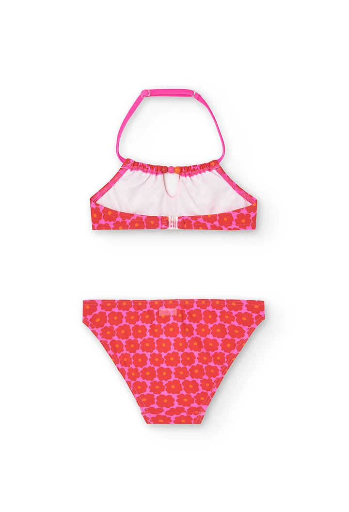 Bikini in poliammide per bambina con stampa floreale di colore rosa.