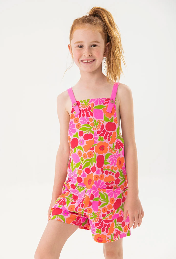 Macacão de malha para menina com desenho de flores em cor-de-rosa e verde