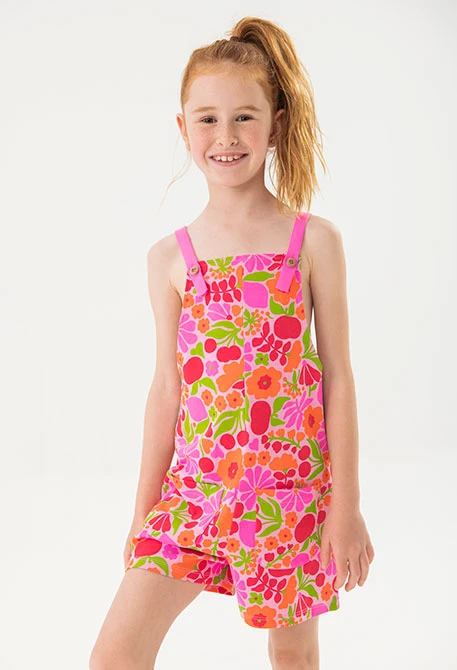 Combinaison en maille pour fille avec motif floral en rose et vert