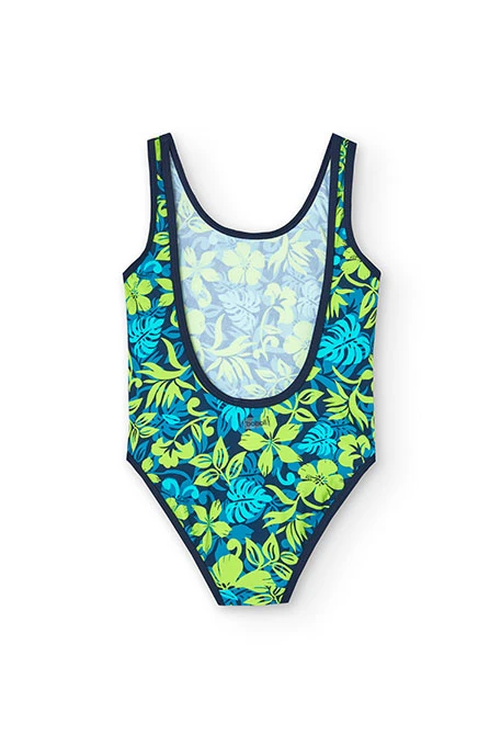 Fato de banho de poliamida para menina com estampado tropical