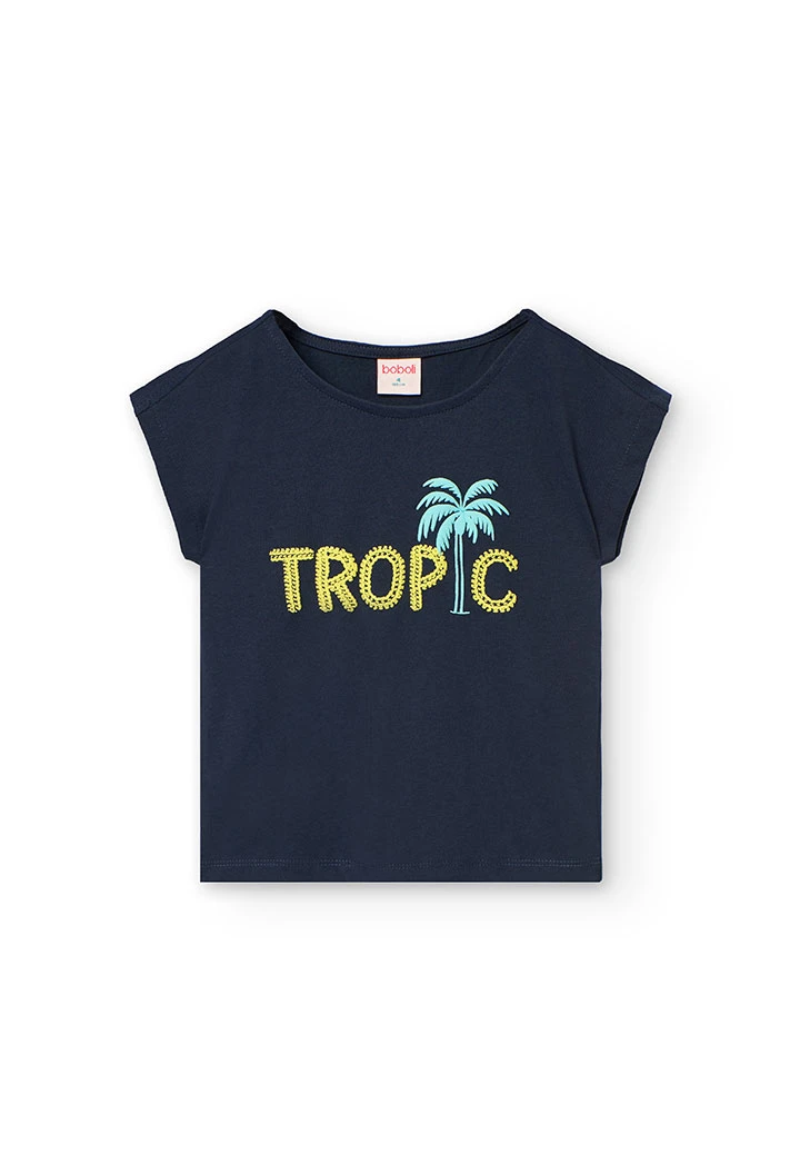 Knitted T-shirt for girl in navy blue colour