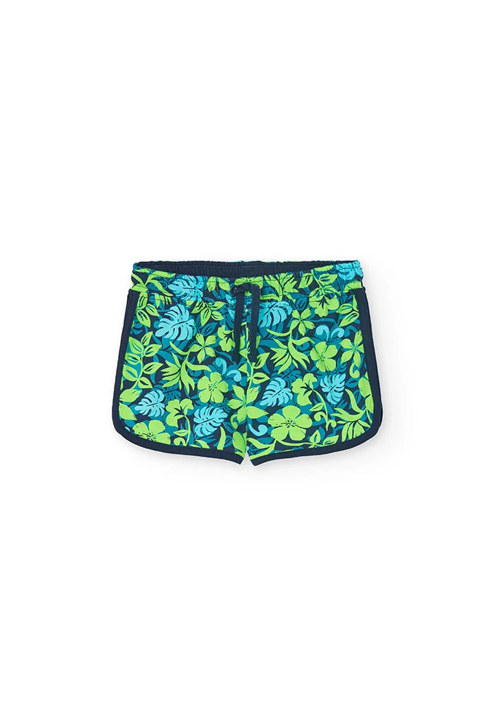 Short en maille pour fille avec un imprimé vert et bleu.