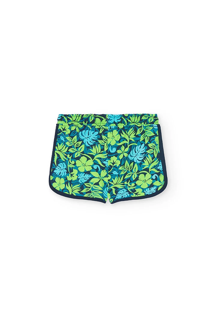 Short en maille pour fille avec un imprimé vert et bleu.
