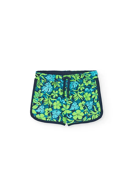 Short en maille pour fille avec un imprimé vert et bleu.