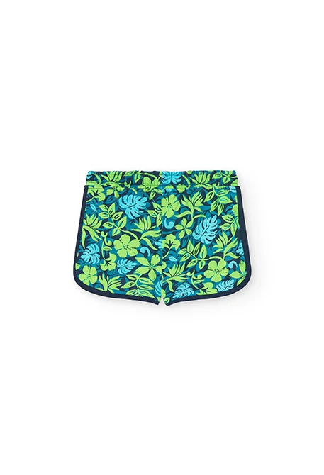 Calções de malha para menina com estampado em verde e azul