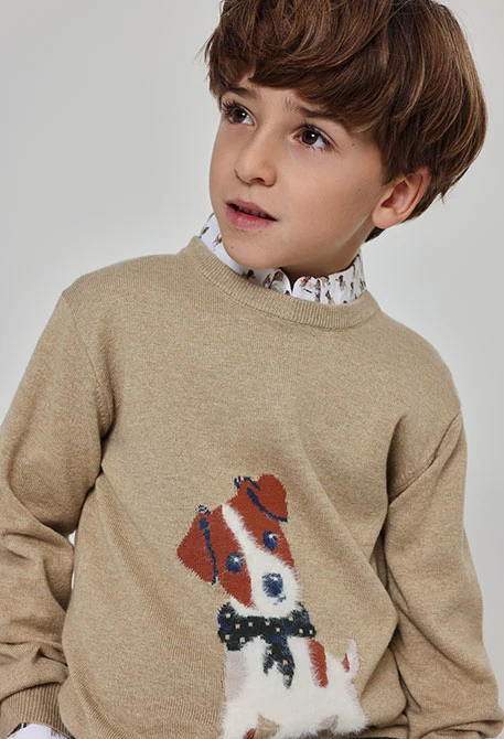Maglione bambino beige stampato con cane