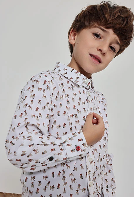 Camisa popelim menino branca estampado de cães