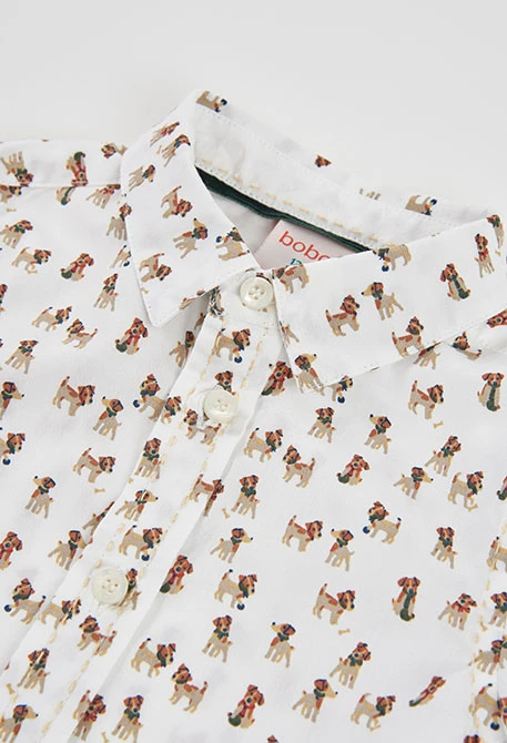 White poplin boy\'s shirt with dog print