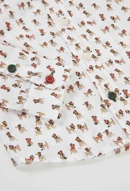 White poplin boy\'s shirt with dog print